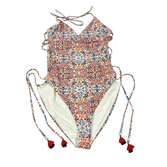 JMP the Label Negril Swimsuit Paisley Crinkle Side Ties Blue Orange 3XL NWT - Picture 4 of 9